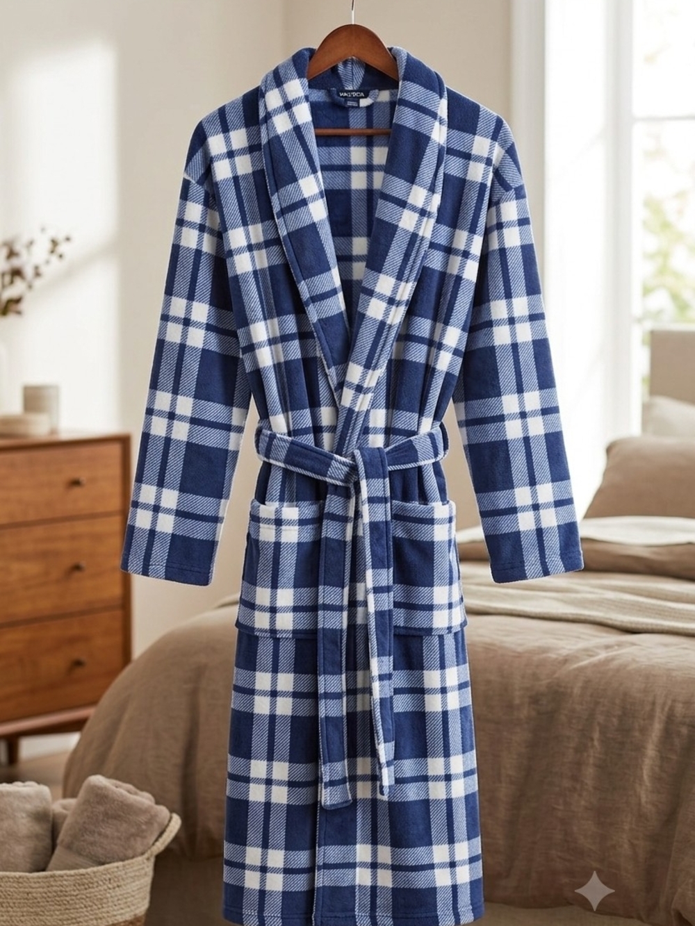 Nautica Navy and White Plaid Shawl-Collar Bath Robe